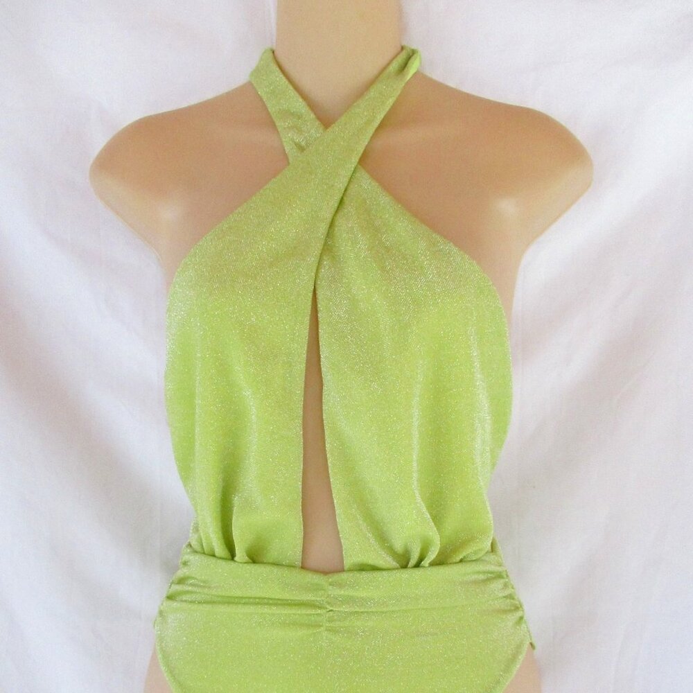 Ramy Brook swimsuit Kris Kross plunge halter Small Lilim green